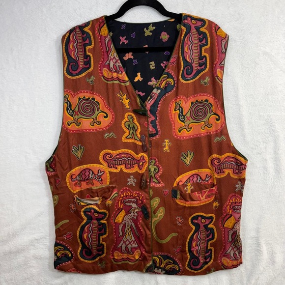 Jackets & Blazers - Handmade L Reversible Vest Abstract Earthy Cotton Artisan Folk Unisex Maximalist